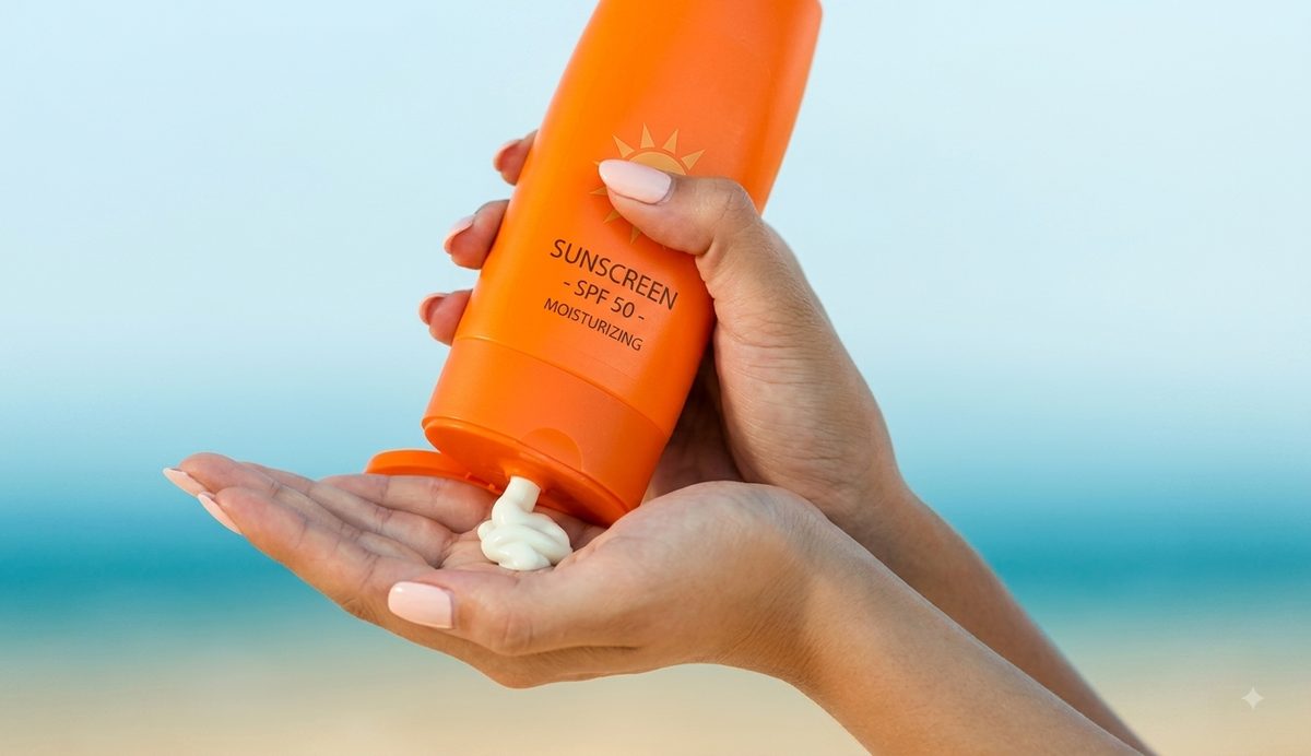 A hand squeezing SPF 50 sunscreen into an open palm against a blurred beach background